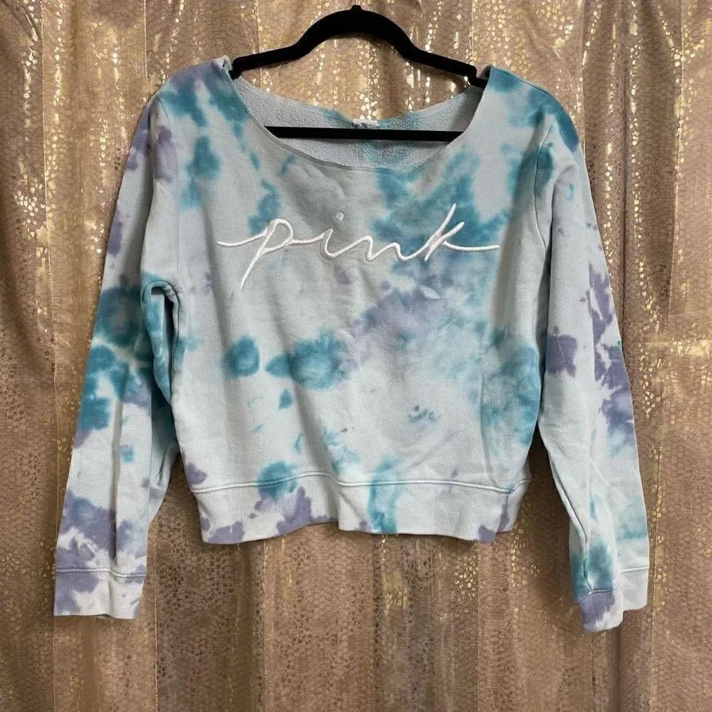 PINK Victorias Secret Blue Tie Dye Off The Shoulder Sweatshirt S/M